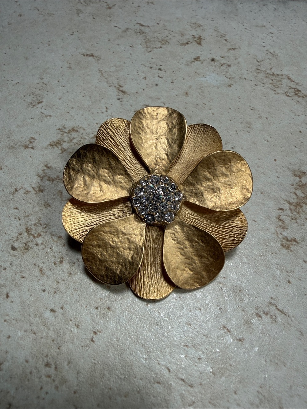 Gold Flower Brooch or Pendant with Rhinestone Center